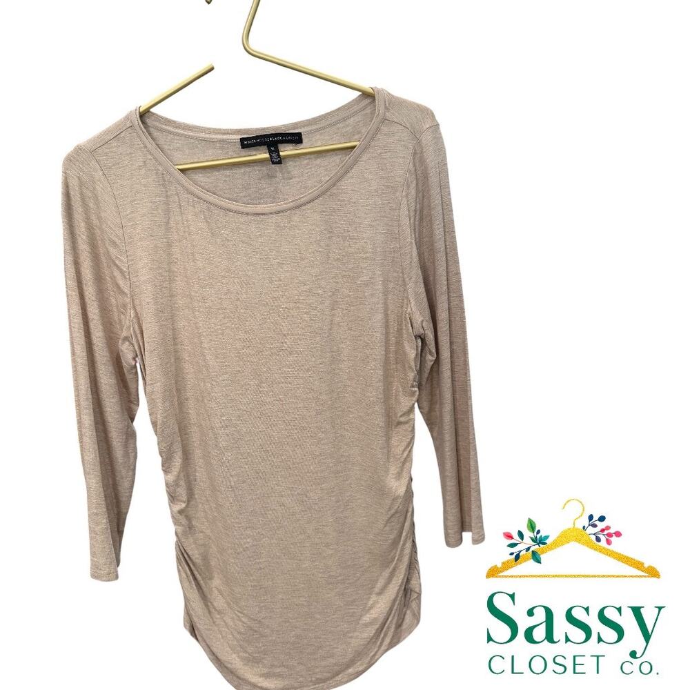 ✨ WHBM Champagne Metallic Shimmer Ruched Top M NWOT Luxe Glow 🥂